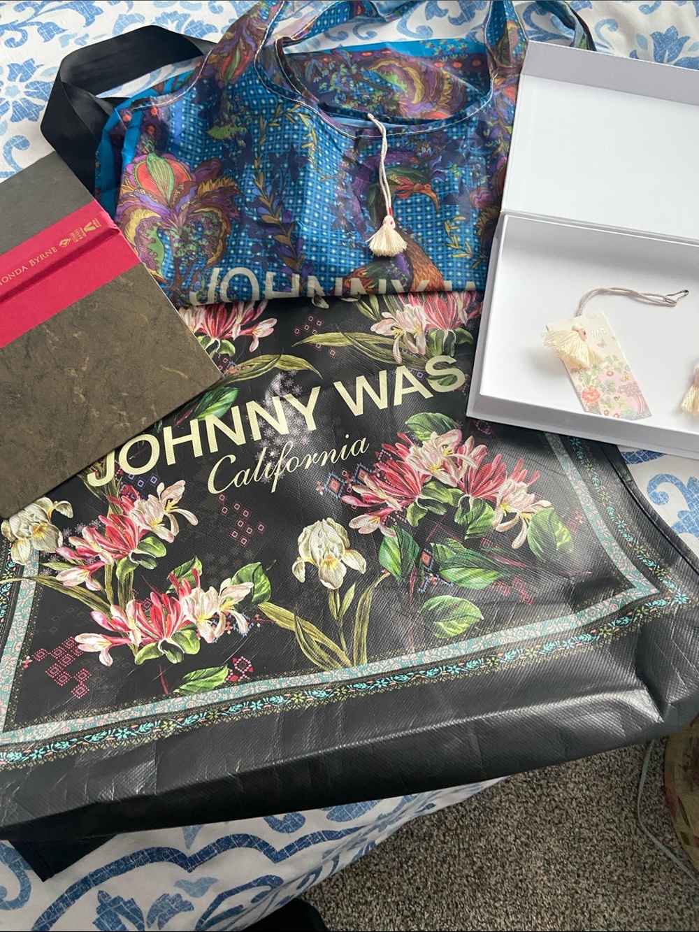 Johnny Was Black Floral Logo Tote with Pink & Green Blooms.  Bundle
